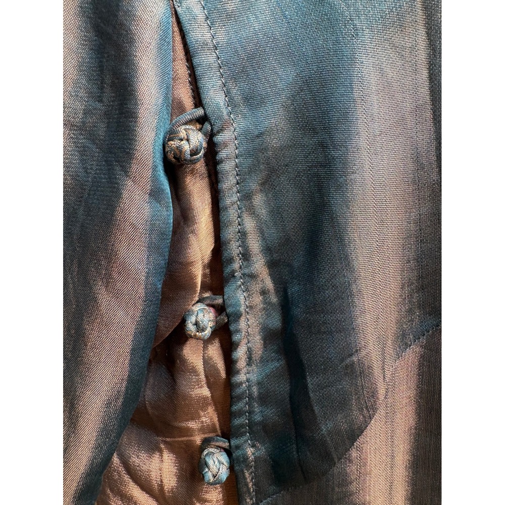 KENLY SILK Blue Bronze Brocade Vietnamese Ao Dai Maxi Dress L Frog Buttons Luxe - Picture 9 of 12